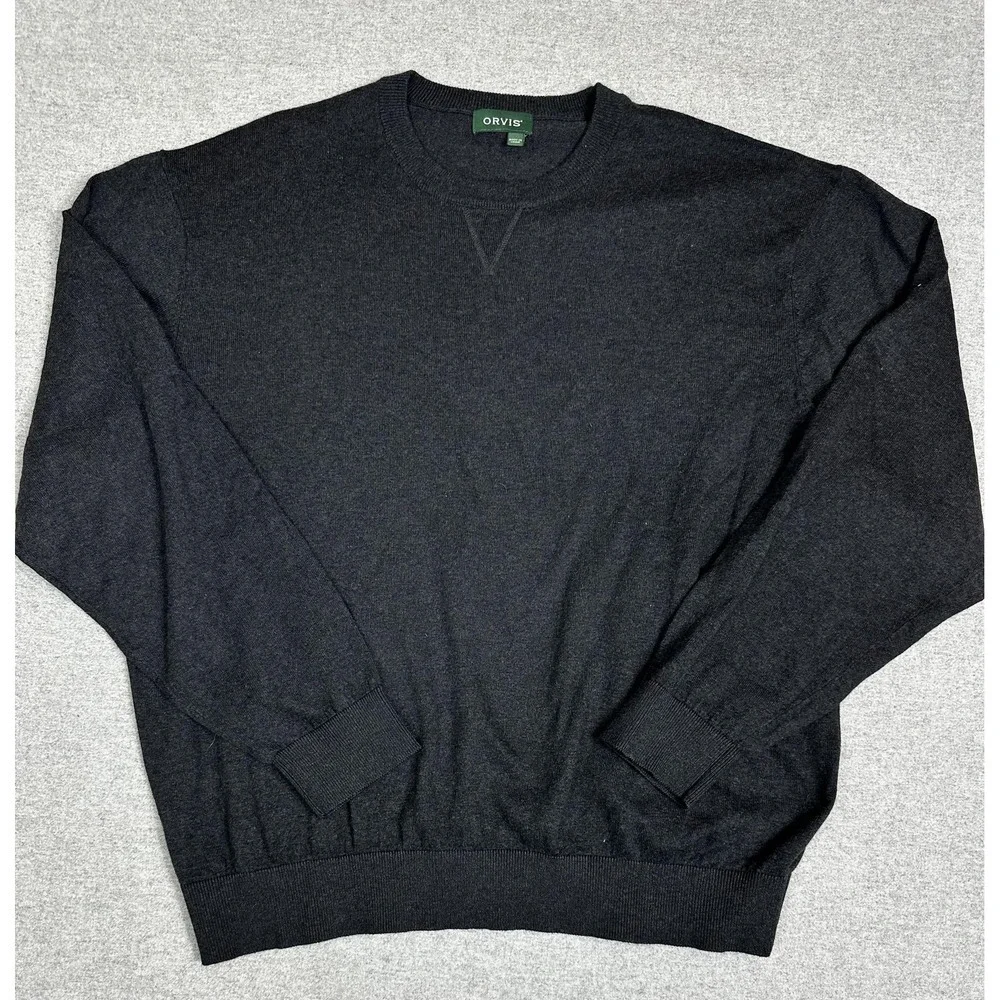 Orvis Sweater Mens Large Charcoal Gray Silk Cashmere Crewneck Knit Pullover